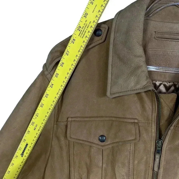 Roundtree & Yorke Mens L Genuine Leather Bomber Jacket Tan Diamond Quilted Liner - Picture 11 of 16